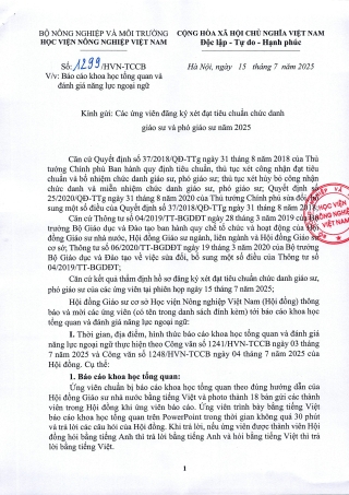 Công văn số 1299/HVN-TCCB ngày 15/7/2025 về báo cáo khoa học tổng quan và đánh giá năng lực ngoại ngữ
