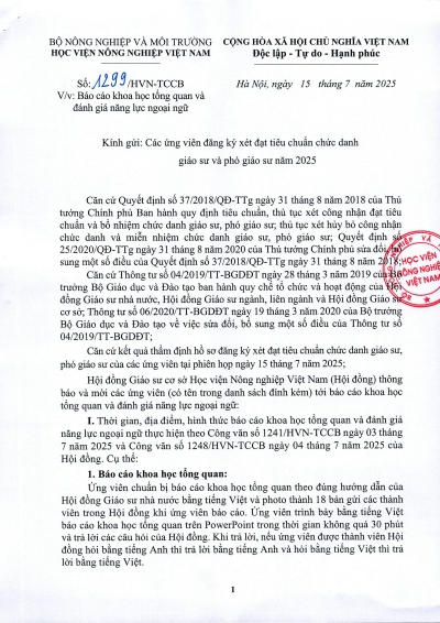 Công văn số 1299/HVN-TCCB ngày 15/7/2025 về báo cáo khoa học tổng quan và đánh giá năng lực ngoại ngữ