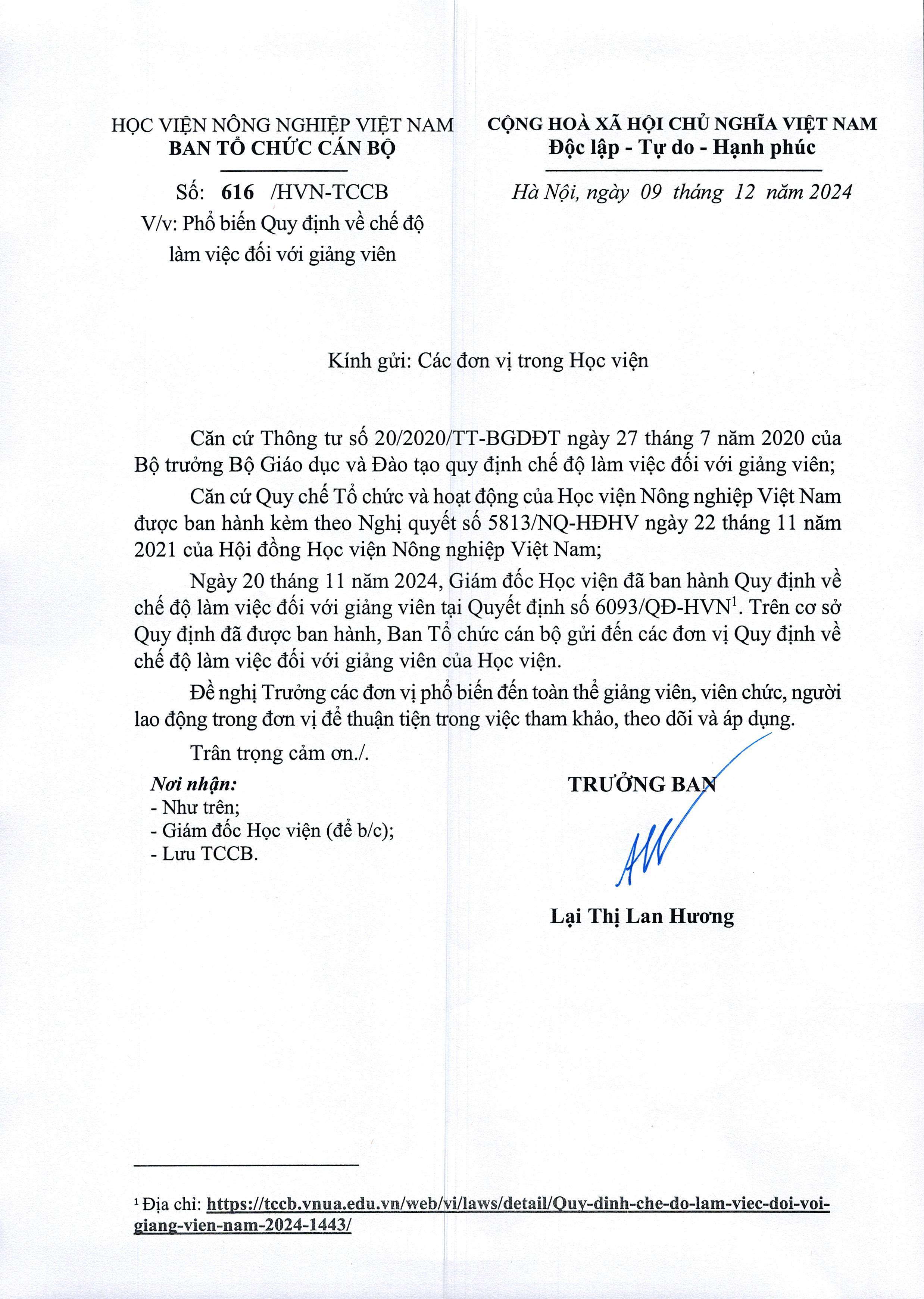 2024 12 09 so 616 cong van trien khai quy dinh che do lam viec cua giang vien