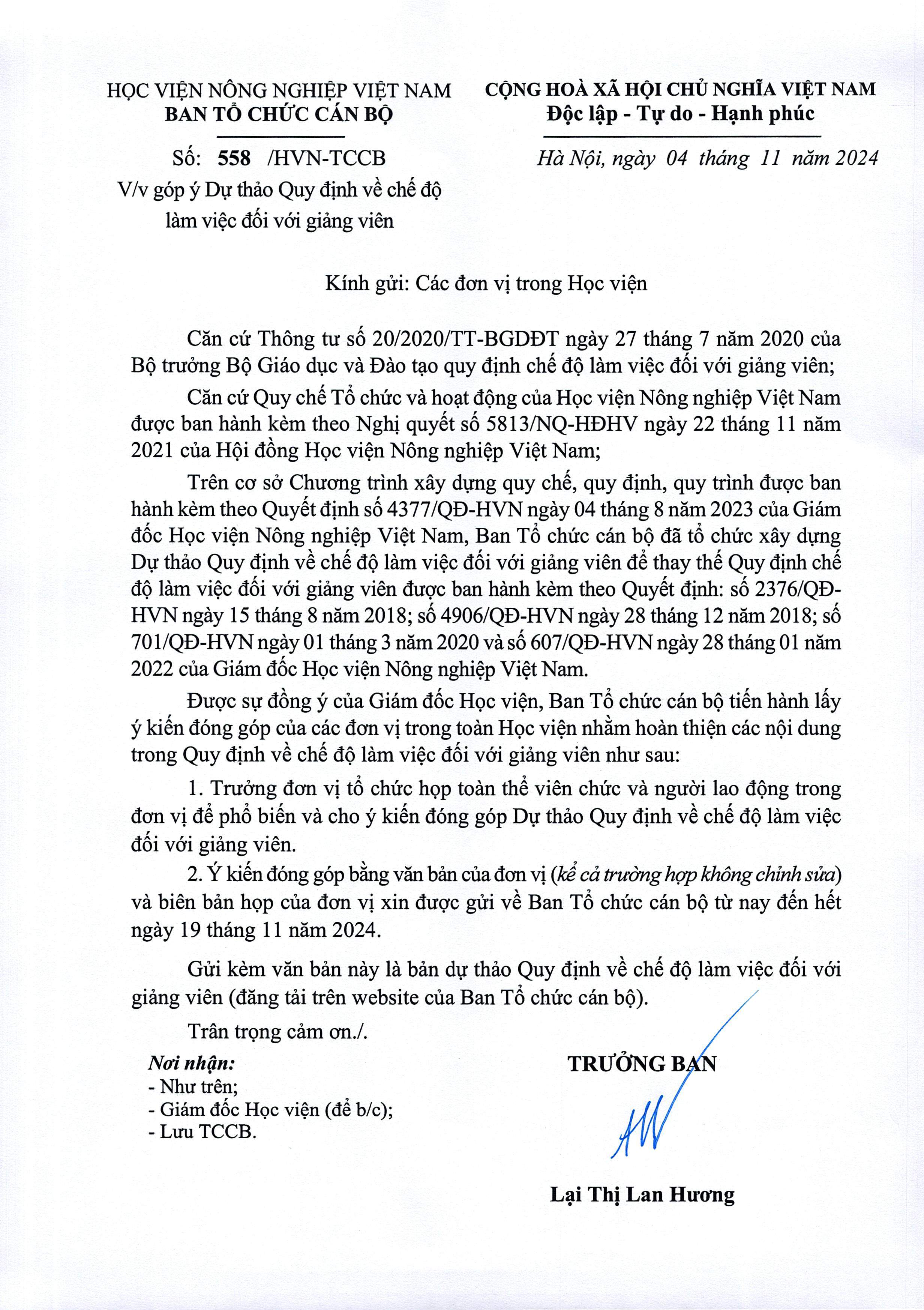 2024 11 04 so 558 cv gui cac don vi gop y quy dinh che do che lam viec giang vien
