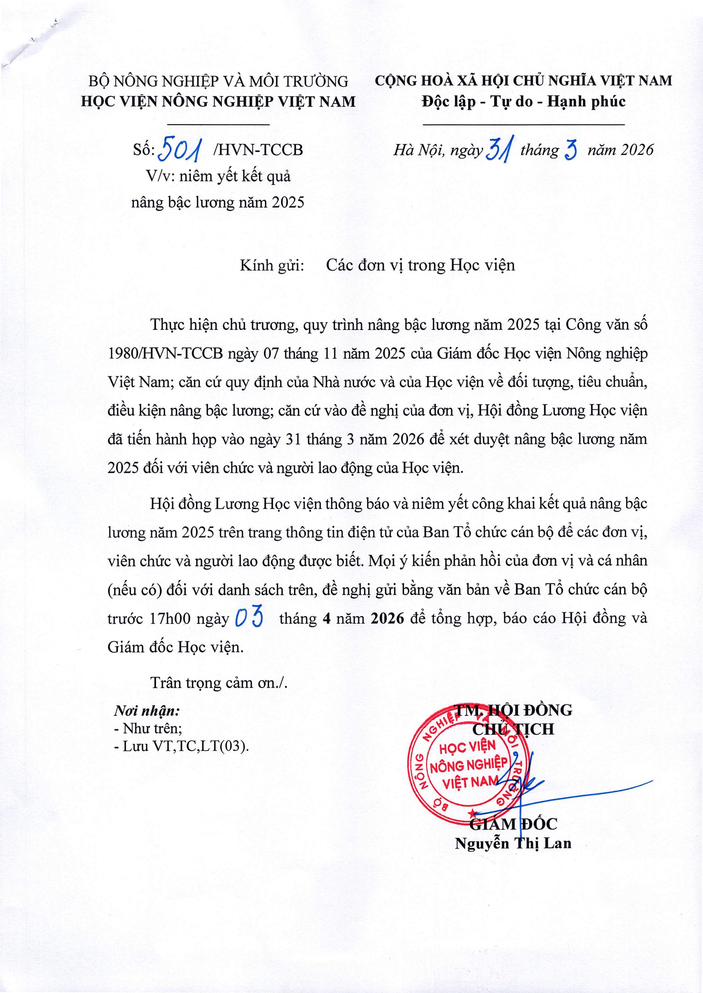 2026 03 31 so 501 tb niem yet ket qua nang bac luong 2025