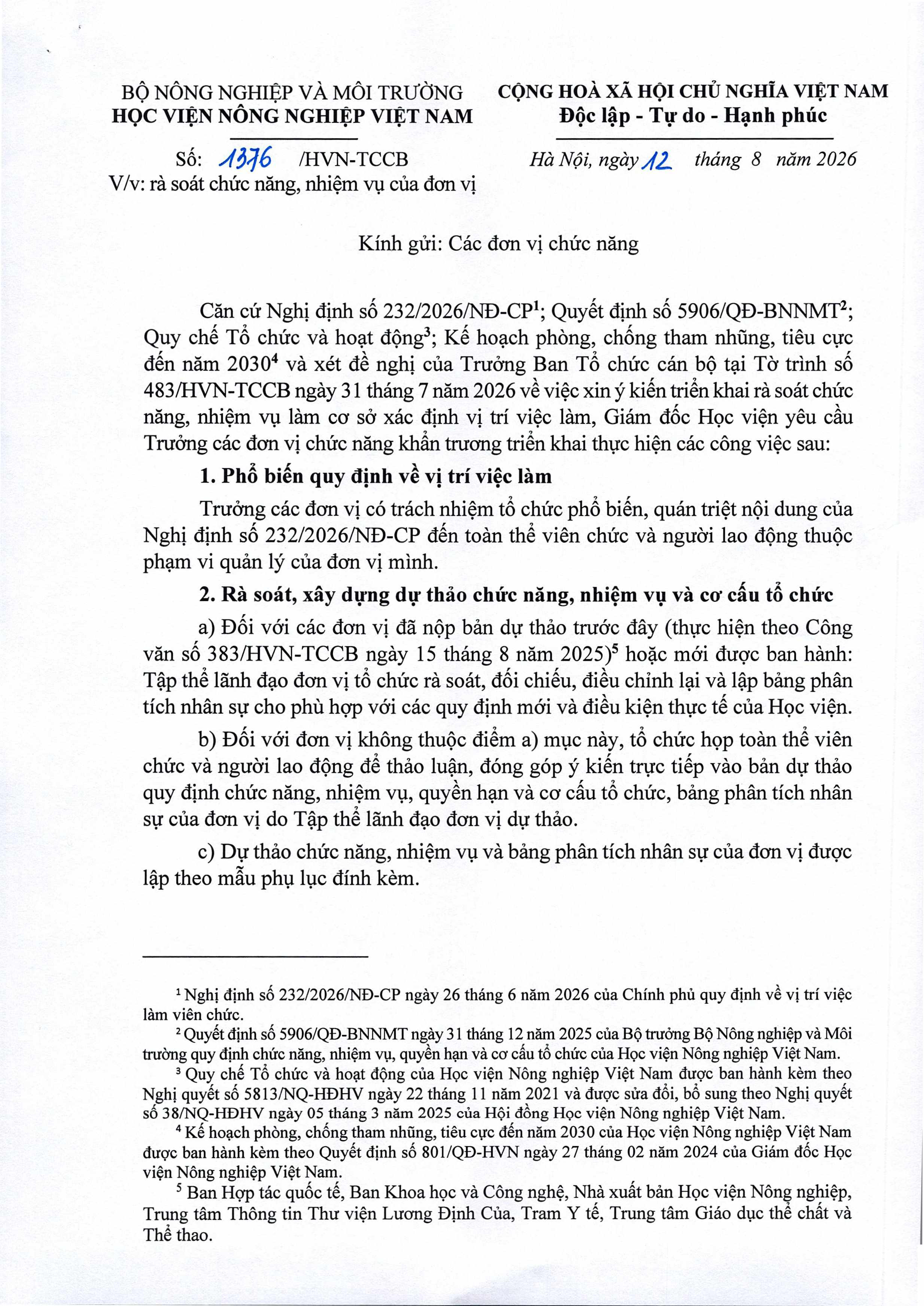 2026 08 12 so 1376 cv gui cac don vi chuc nang ra soat chuc nang nhiem vu